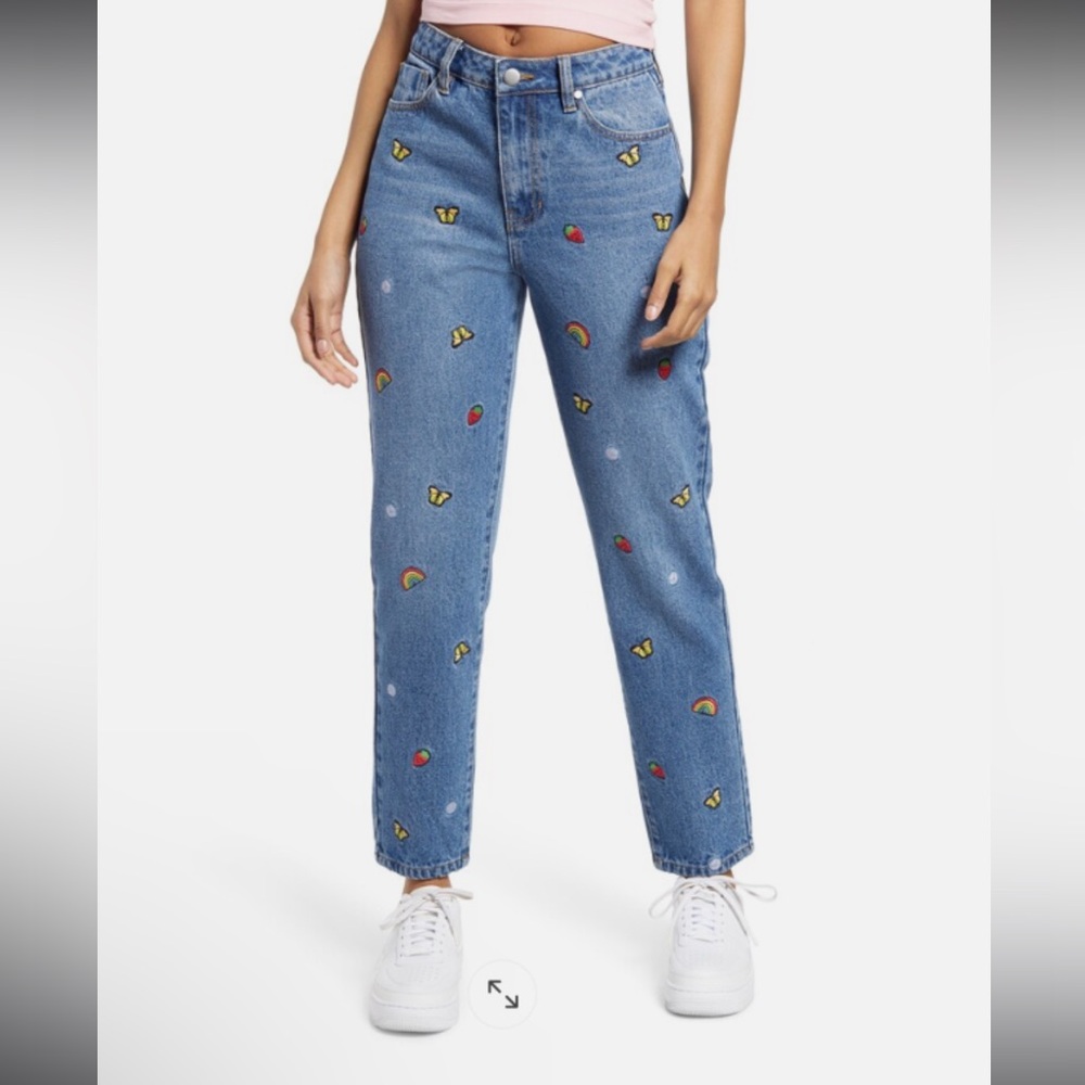 NORDSTROM BP. MIXED EMBROIDERY '60s-revival MOM JEANS Rainbow Butterfly Size 26
